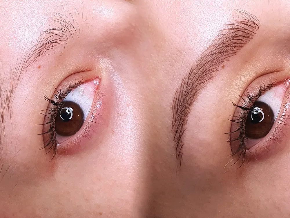 Szemöldök tetoválás előtte-utána, Orosz Gréta munkája, a természetes és telt formájú szemöldök kiemeli a tekintetet