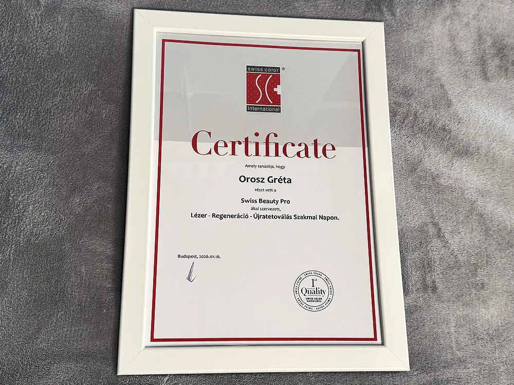 Orosz Gréta tanúsítvány lézer regeneráció és újratetoválás szakmai képzésről, Swiss Beauty Pro oklevél